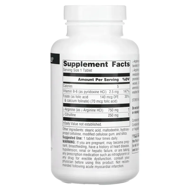 Комплекс L-аргинина и L-цитруллина, L-Arginine L-Citrulline Complex, Source Naturals, 1000 мг, 120 таблеток