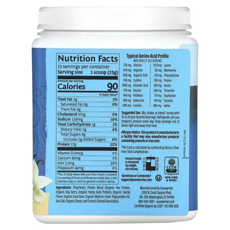 Протеиновая смесь Warrior, органическая, на растительной основе, со вкусом ванили, Sunwarrior, 375 г