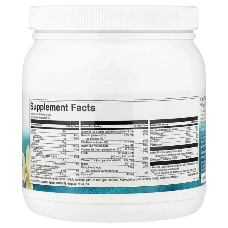 Сертифікований rBGH-безкоштовний ваніло-сироватковий протеїновий порошок Grass-Fed, Grass-Fed, Certified rBGH-Free Vanilla Whey Protein Powder, Swanson, 420 г