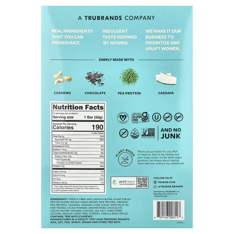 Trubar, Plant Based Protein Bar, Oh Oh Cookie Dough, 12 Bars, 1.76 oz (50 g) EachTrubar, рослинний протеїновий батончик