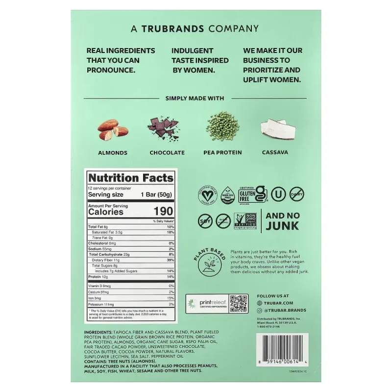 Trubar, Plant Based Protein Bar, It's Mint To Be Chip, 12 Bars, 1.76 oz (50 g) EachTrubar, рослинний протеїновий батончик