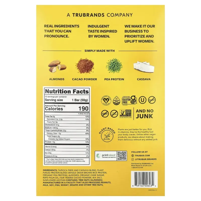 Trubar, Plant Based Protein Bar, Saltylicious Almond Love, 12 Bars, 1.76 oz (50 g) EachTrubar, рослинний протеїновий батончик