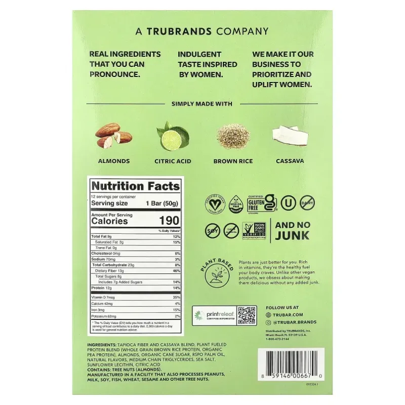 Trubar, Plant Based Protein Bar, Whipped For Key Lime, 12 Bars, 1.76 oz (50 g) EachTrubar, рослинний білковий батончик