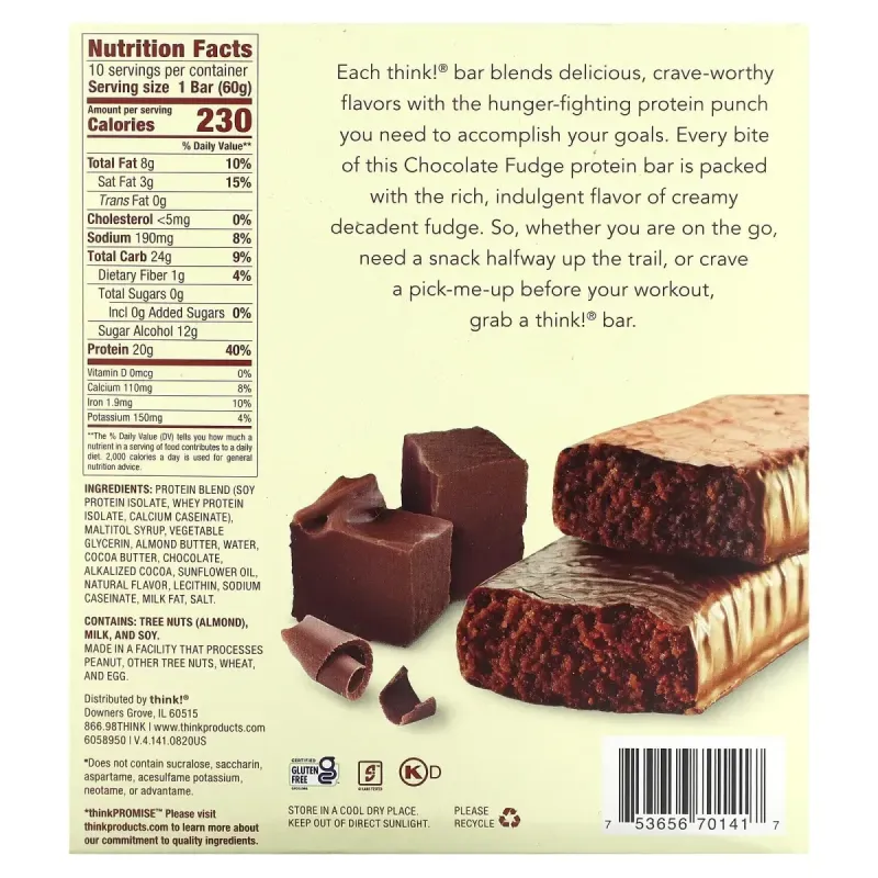 Протеиновый батончик, шоколадная помадка, ThinkThin, 10 батончиков, 60 г (1,1 унция) каждый