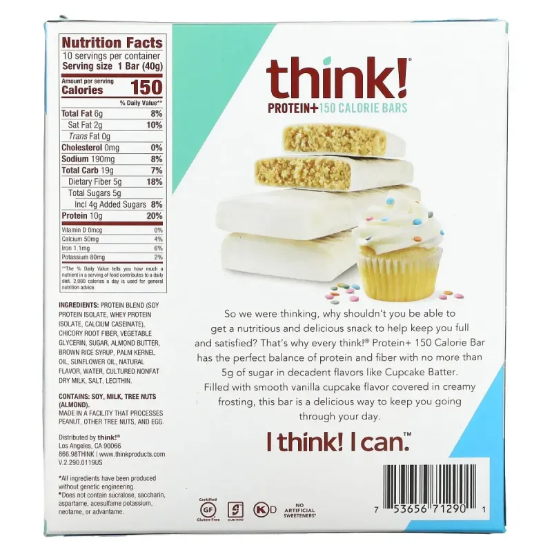 Протеїн +, Protein +, ThinkThin, 10 батончиків Cupcake Batter по 40 г (1,41 унції) і 150 калорій кожен