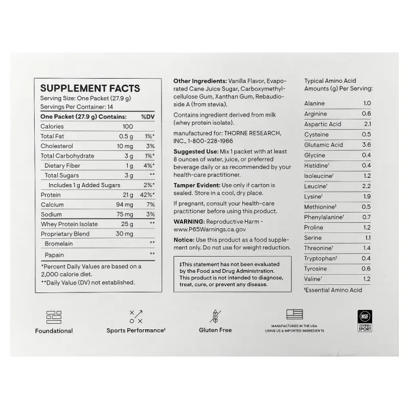 Thorne, Whey Protein Isolate, Vanilla, 14 Packets, 0.98 oz (27.9 g) EachThorne, изолят сывороточного протеина