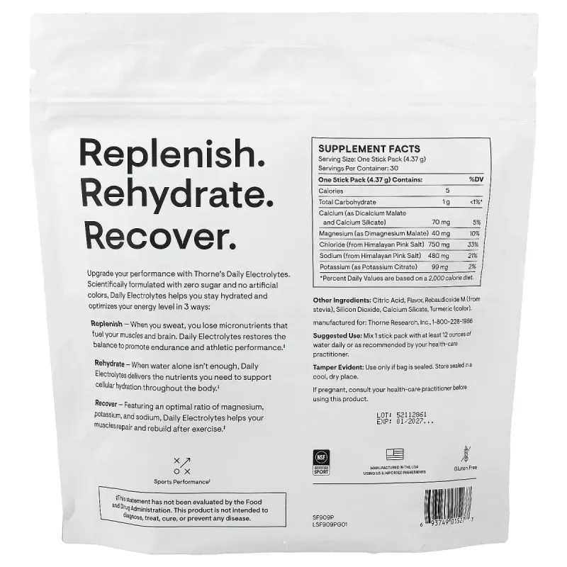 Thorne, Daily Electrolytes, Blood Orange, 30 Stick Packs, 0.15 oz (4.37 g) EachThorne, Ежедневные электролиты