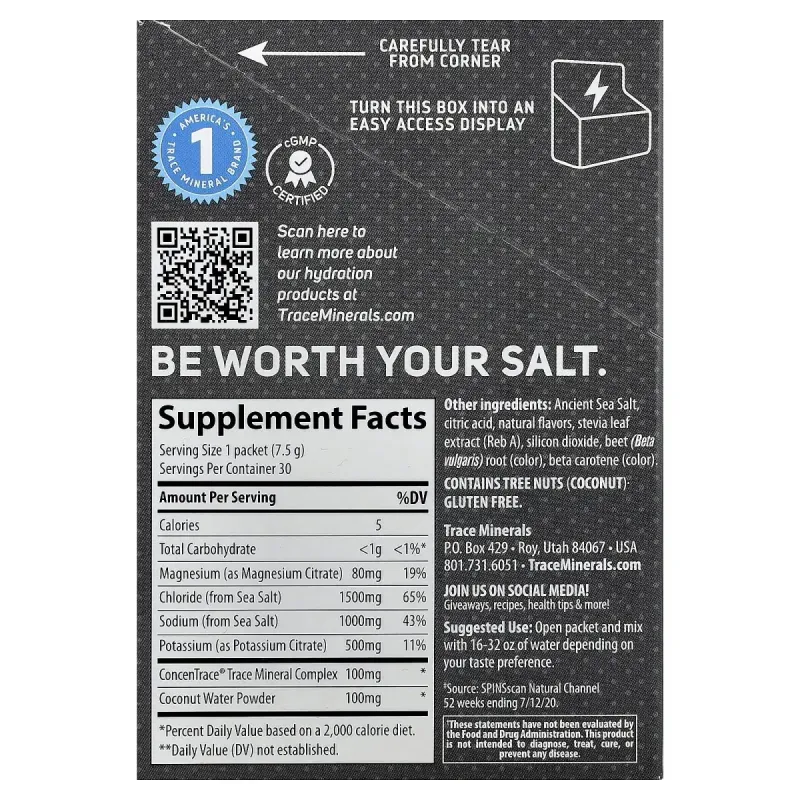 Trace, TM Sport, смесь для приготовления напитков с электролитами ZeroLyte и кокосовой водой, тропическая соль, 30 пакетиков по 7,5 г (0,26 унции)