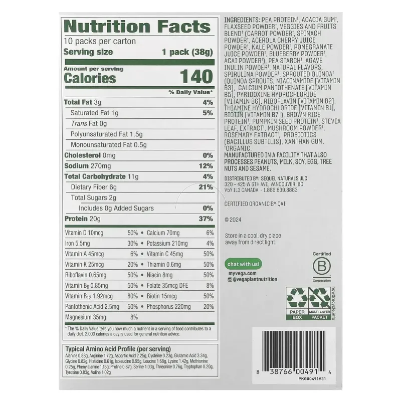 One, коктейль «все в одном», французская ваниль, Vega, 10 пакетиков по 38 г