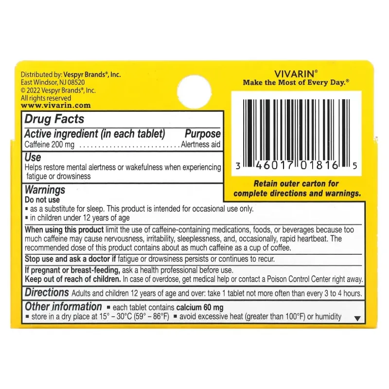 Vivarin, кофеїн, засіб для підвищення уваги, 200 мг, 16 таблеток