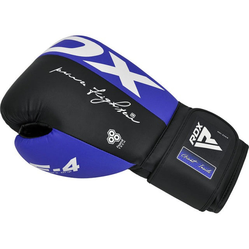 Боксерские перчатки RDX F4 Boxing Sparring Gloves Hook&Loop BLUE/BLACK (капа в комплекте), 10 унций, Искусственная кожа Kalix Skin Mayahide, Черно-синий