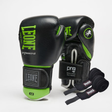 Боксерські рукавиці Leone GN115 PROFESSIONAL 2 Black (бинти 4м. в комплекті), 16 унцій, Натуральная шкіра буйвола, Чорно-зелений