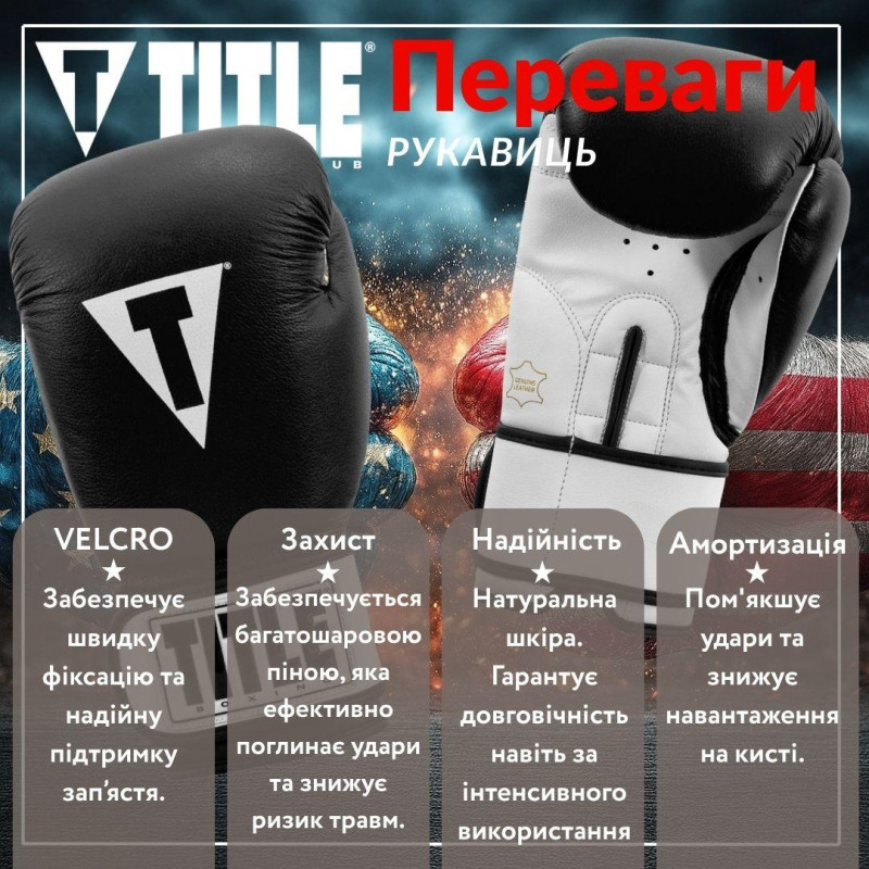 Боксерські рукавиці TITLE Premier Leather Black/White XL 16 oz (бинти 4м. в комплекті)