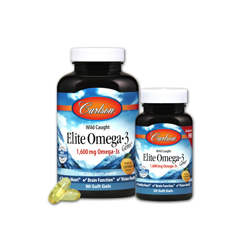 Омега-3, Смак Лимона, Elite Omega-3 Gems, Carlson, 90+30 желатинових капсул