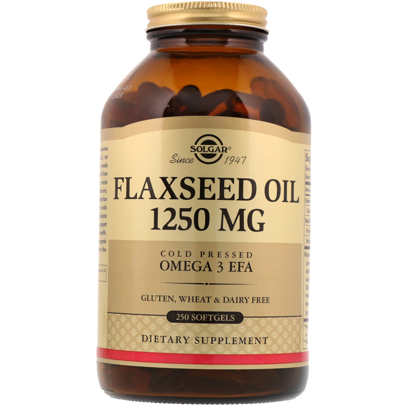 Льняное масло, Flaxseed Oil, Solgar, 1250 мг, 250 гелевых капсул