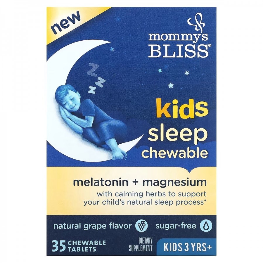 Мелатонін та Магній для дітей від 3 років, смак винограду, Kids Sleep Chewable, Melatonin+Magnesium, Mommy's Bliss, 35 жувальних таблеток