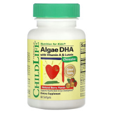 Детский DHA, из водорослей с витамином А и лютеином, вкус ягод, Algae DHA with Vitamin A & Lutein, ChildLife, 60 гелевых капсул