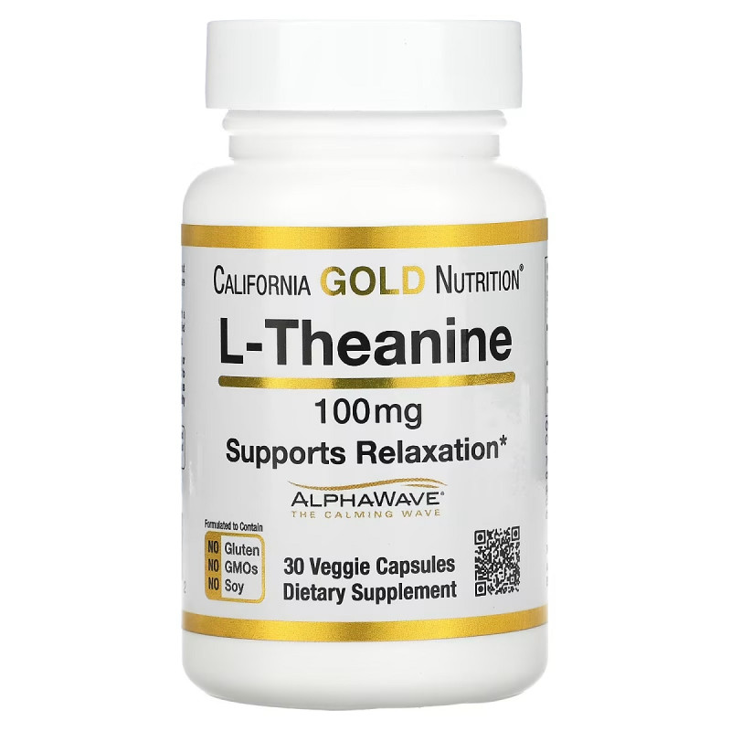 L-Теанин, 100 мг, L-Theanine, Підтримує релаксацію, California Gold Nutrition, 30 вегетаріанських капсул