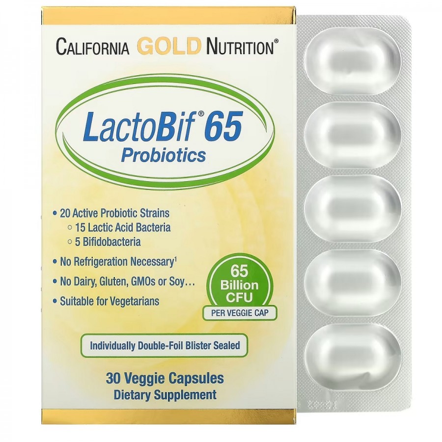 Пробіотики, 65 млрд КУО, LactoBif 65 Probiotics, 65 Billion CFU, California Gold Nutrition, 30 вегетаріанських капсул