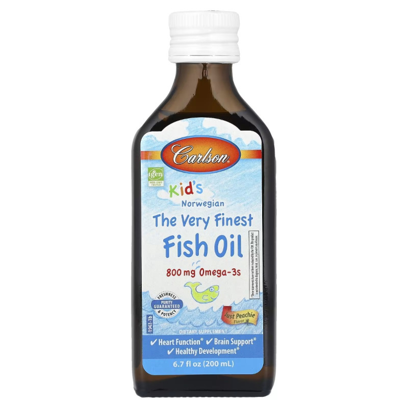 Норвезький риб'ячий жир для дітей, смак персика, 800 мг, Kid's Norwegian Fish Oil, Carlson, 200 мл