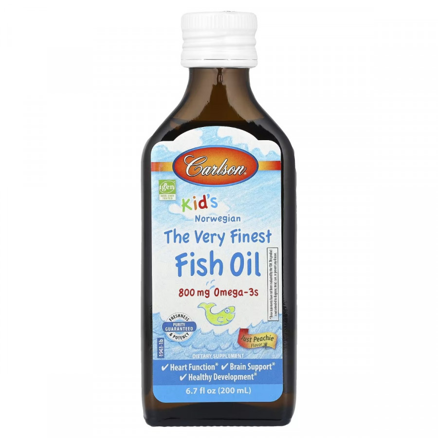 Норвезький риб'ячий жир для дітей, смак персика, 800 мг, Kid's Norwegian Fish Oil, Carlson, 200 мл