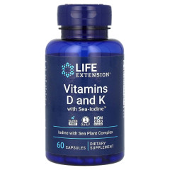 Витамины D и K с морским йодом, Vitamins D and K with Sea-Iodine, Life Extension, 60 капсул