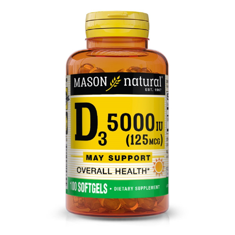Витамин D3 5000 МЕ, Vitamin D3, Mason Natural, 100 гелевых капсул