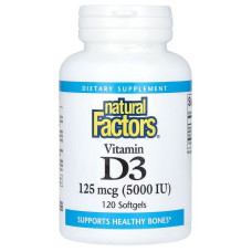 Витамин D3, 125 мкг 5000 МО, Витамин D3, Натуральные факторы, 120 гелевых капсул