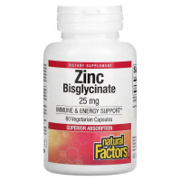 Цинк бисглицинат, 25 мг, Zinc Bisglycinate, Natural Factors, 60 вегетарианских капсул