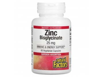 Цинк бісгліцинат, 25 мг, Zinc Bisglycinate, Natural Factors, 60 вегетаріанських капсул