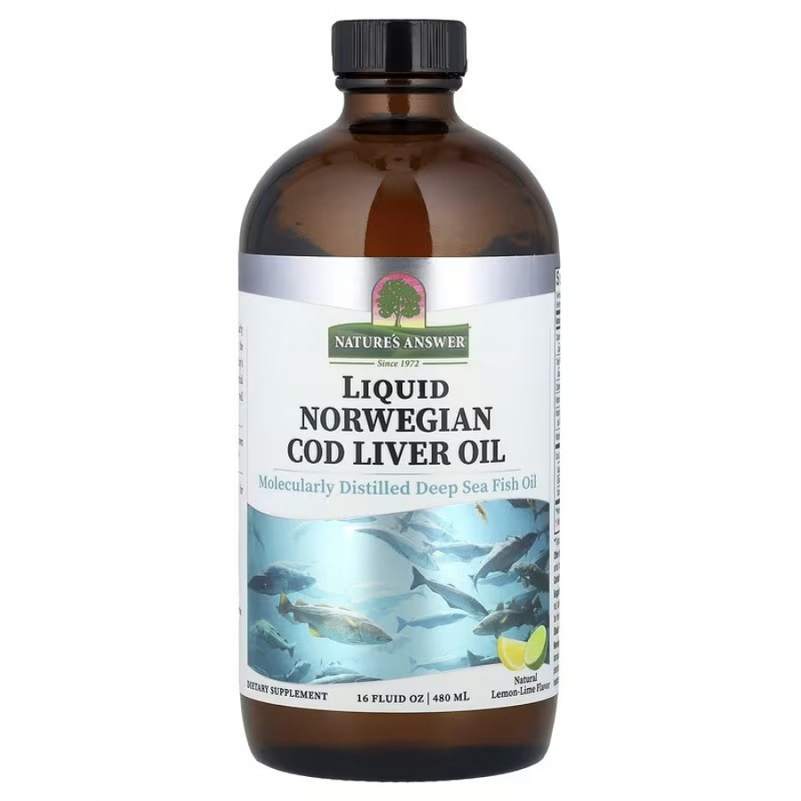 Жир Печінки Дикої Норвезької Тріски, смак лимон-лайм, Liquid Norwegian Cod Liver Oil, Nature's Answer, 480 мл