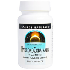 Витамин B12, 1 мг, Гидроксокобаламин, вкус вишни, Hydroxocobalamin, Source Naturals, 60 таблеток