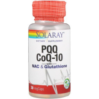 Витамин B14 и кофермент Q10 с N-ацетилцистеином и глутатионом, PQQ, CoQ-10 with NAC & Glutathione, Solaray, 30 вегетарианских капсул