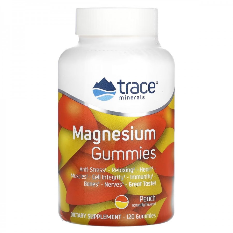 Магній, смак персика, Magnesium Gummies, Trace Minerals, 120 жувальних цукерок