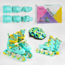 Ролики с защитой 30202-М размер 35-38 (6) цвет БИРЮЗОВЫЙ, колеса PU, ПЕРЕДНЕЕ КОЛЕСО СВЕТ, стелька – 18.5-20.5 см, d колес – 6.5 см, в коробке