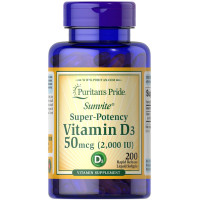 Витамин D3, Vitamin D3, Puritan's Pride, 2000 МЕ, 200 капсул