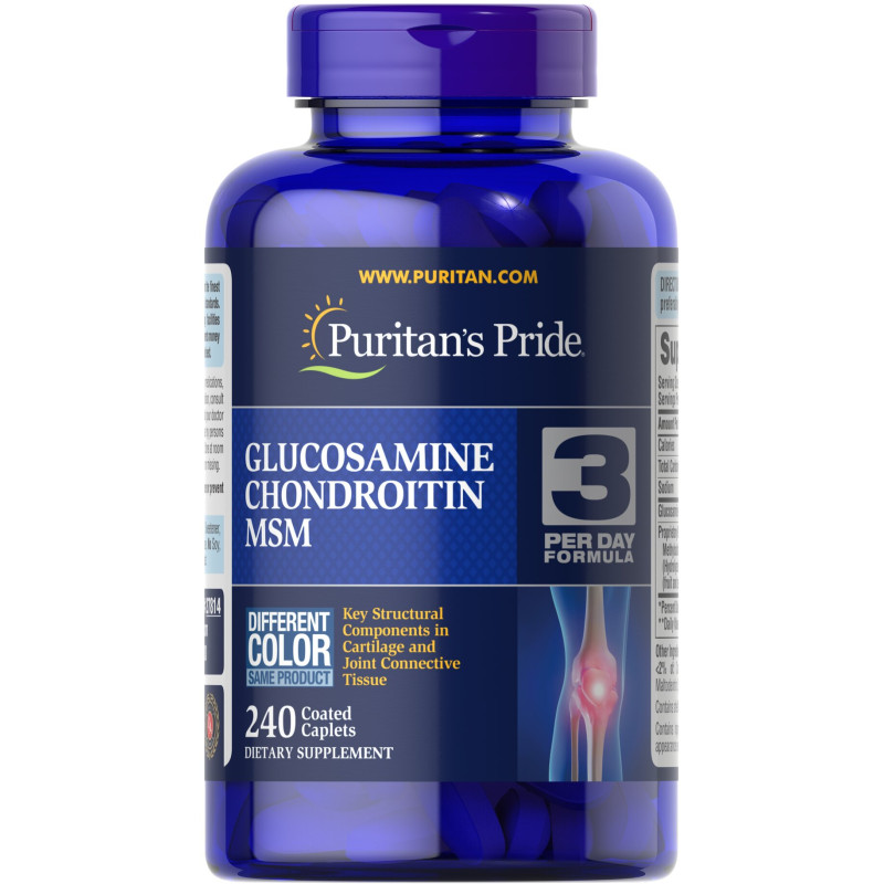 Глюкозамін хондроїтин і МСМ, Glucosamine, Chondroitin & MSM -3 Per Day Formula, Puritan's Pride, 240 каплет