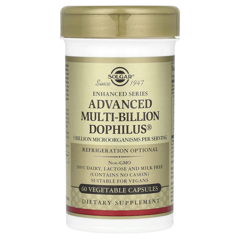 Пробіотики дофілус, Advanced Multi-Billion Dophilus, Solgar, комплекс, 60 рослинних капсул
