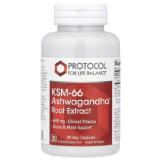 Ашваганда KSM-66, KSM-66 Ashwagandha, Protocol for Life Balance, екстракт кореня, 600 мг, 90 рослинних капсул