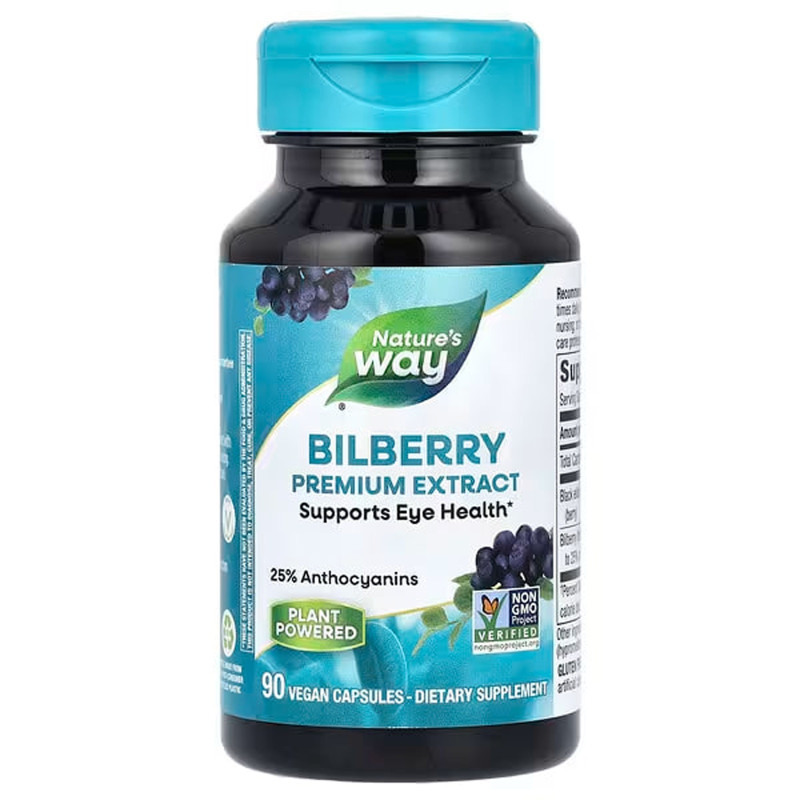 Черника для зрения, Bilberry Premium Extract, Nature's Way, премиум экстракт, 90 веганских капсул