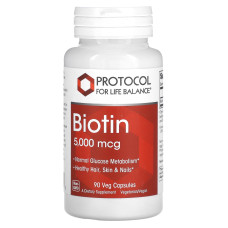 Биотин, Biotin, Protocol for Life Balance, 5000 мкг, 90 веганских капсул