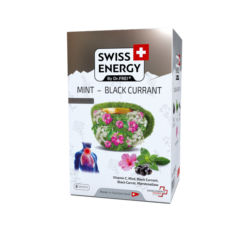 Чай от простуды, Herbal tea MINT - BLACK CURRANT, Swiss Energy, от кашля, боли в горле и заложенности носа, альпийские травы, мята и черная смородина, 8 пакетиков