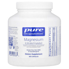 Магний цитрат/малат, Magnesium (citrate/malate), Pure Encapsulations, для поддержки усвоения питательных веществ, костей и здоровья сердца, 180 капсул
