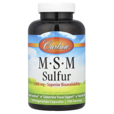 Метилсульфонілметан МСМ, MSM Sulfur, Carlson, 1000 мг, 180 вегетаріанських капсул