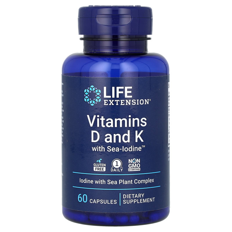 Витамин D и К с йодом, Vitamins D and K with Sea-Iodine, Life Extension, 60 капсул