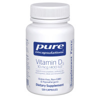 Витамин D3, Vitamin D3, Pure Encapsulations, поддержка для здоровья костей, груди, простаты, сердечно-сосудистой системы, толстой кишки и иммунитета, 10 мкг (400 МЕ), 120 капсул