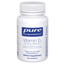 Витамин D3, Vitamin D3, Pure Encapsulations, поддержка для здоровья костей, груди, простаты, сердечно-сосудистой системы, толстой кишки и иммунитета, 10 мкг (400 МЕ), 120 капсул
