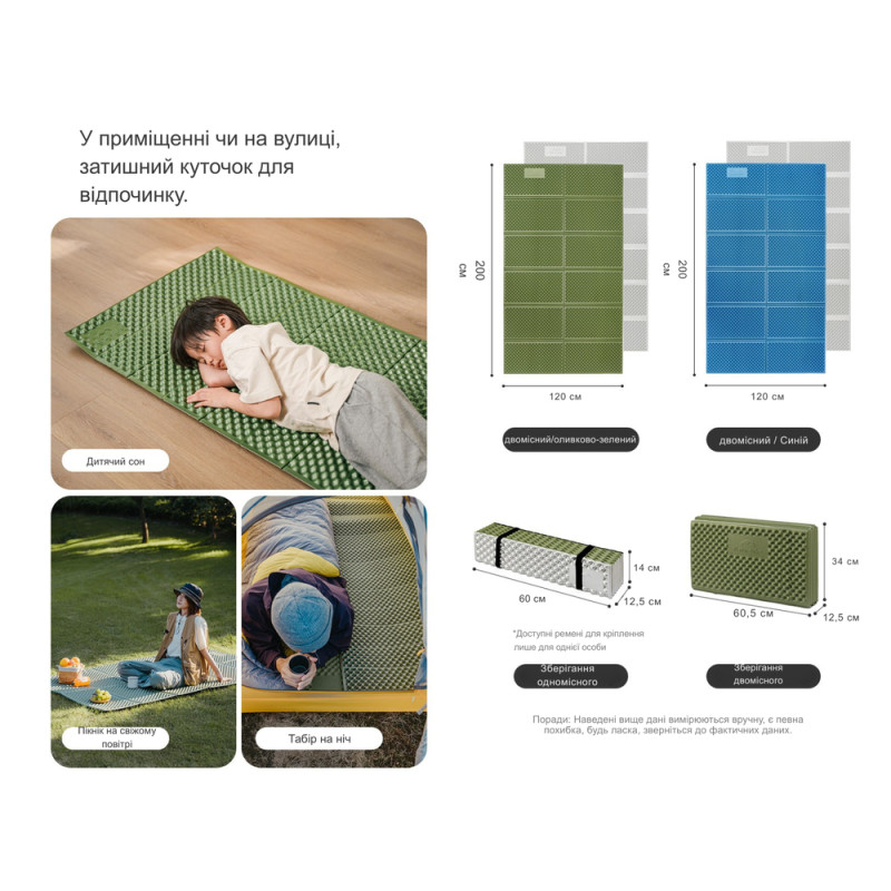 Килимок туристичний складаний двомісний IXPE Naturehike CNK2450WS044 з алюмінієвою плівкою, 200x120x1.8 см, оливковий