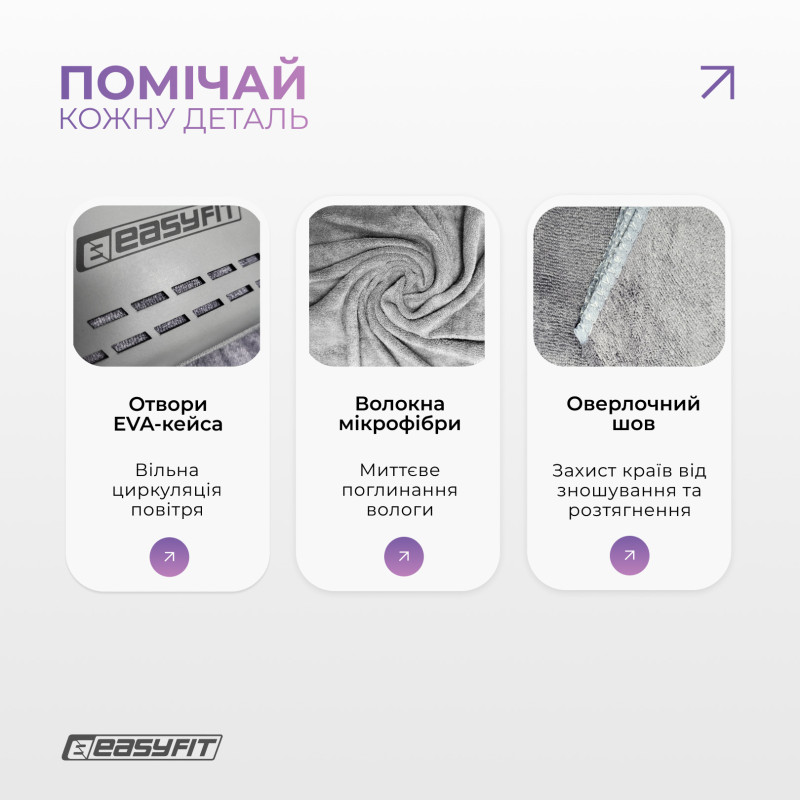 Спортивний рушник EasyFit RoyalWing з кейсом, 90х50 см, мікрофібра, сірий