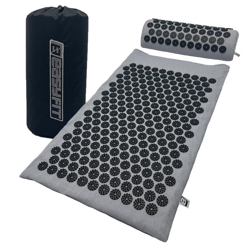 Массажный коврик EasyFit с подушкой (аппликатор Кузнецова) для массажа спины и шеи с чехлом, длина 62 см, ширина 40 см, толщина 2 см, хлопок, пластик, серый